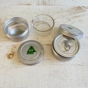 Vintage Set of Two Virgo Aluminium Travel Tins with Glass Inserts